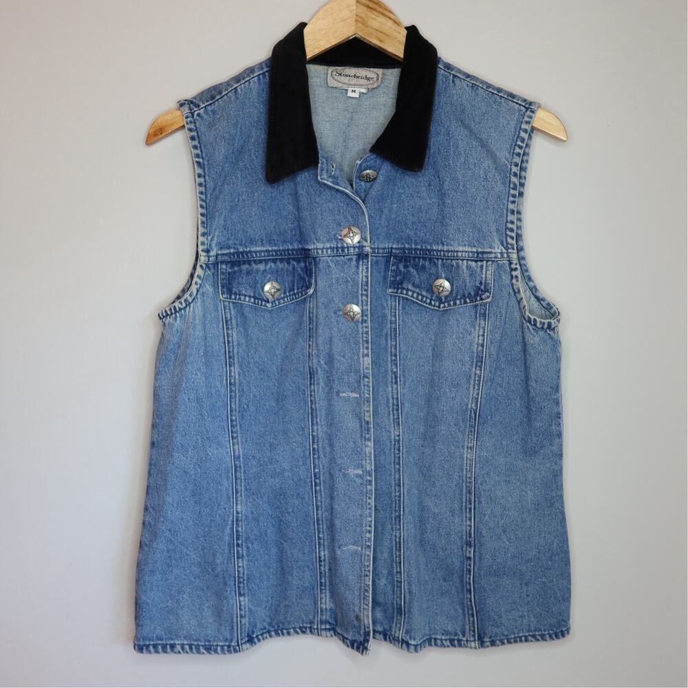 Stonebridge Denim Vest Western Concho Buttons Black Collar Size M